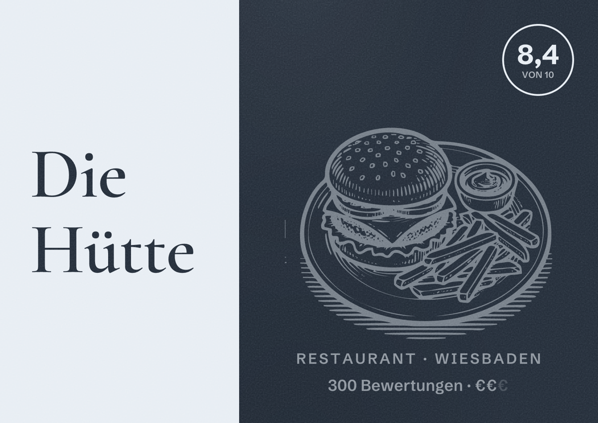 Illustriertes Poster von Die Hütte, Restaurant in Wiesbaden: Bewertung 8,4 von 10 aus 300 Bewertungen, Preisniveau €€