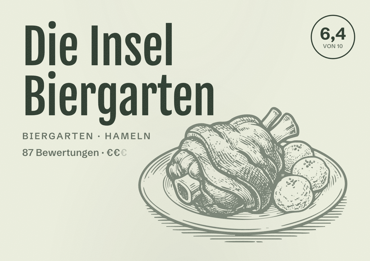 Illustriertes Poster von Die Insel Biergarten, Biergarten in Hameln: Bewertung 6,4 von 10 aus 87 Bewertungen, Preisniveau €€