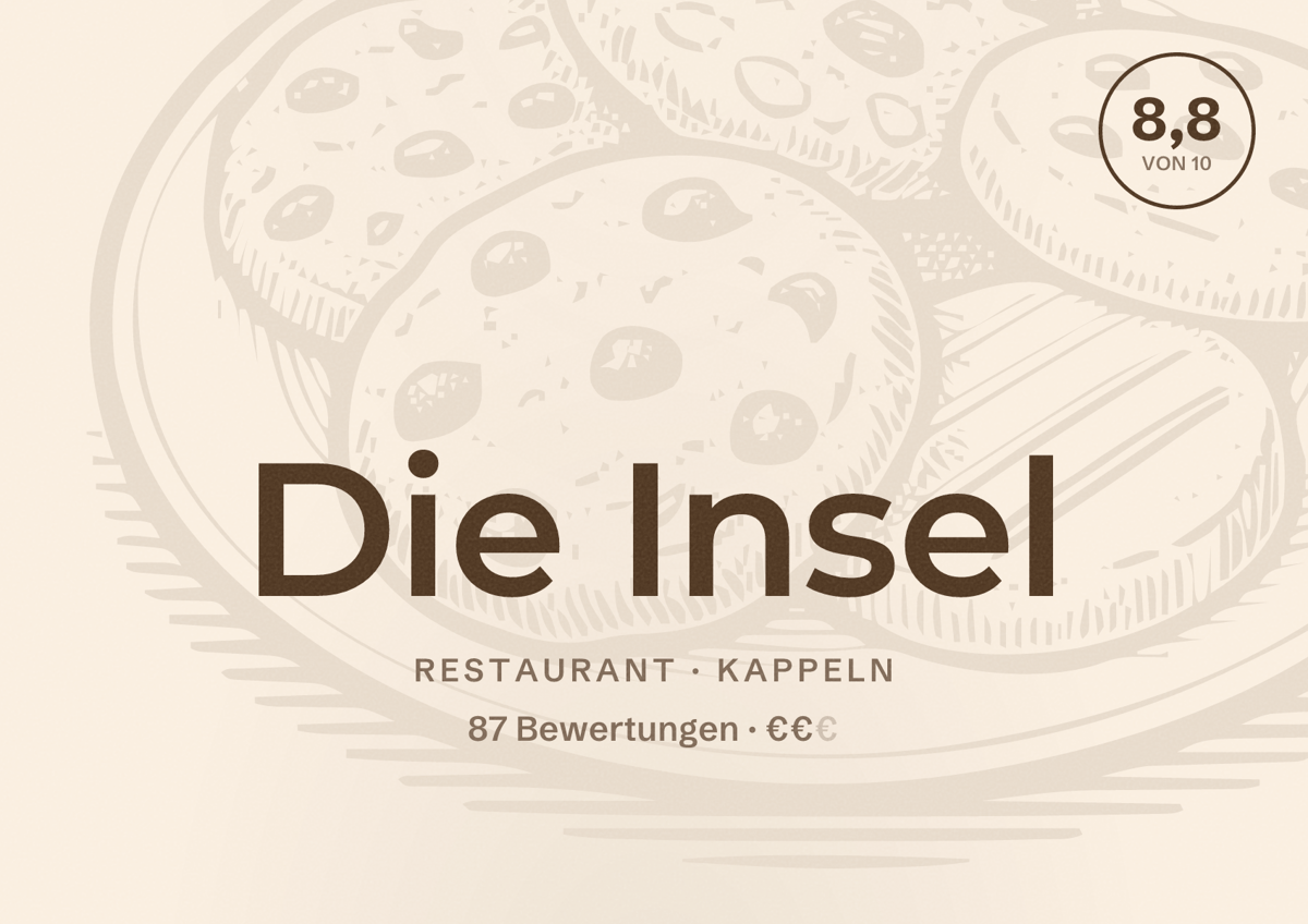 Illustriertes Poster von Die Insel, Restaurant in Kappeln: Bewertung 8,8 von 10 aus 87 Bewertungen, Preisniveau €€