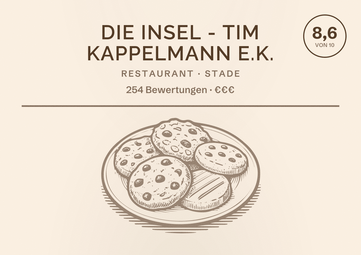 Illustriertes Poster von Die Insel - Tim Kappelmann e.K., Restaurant in Stade: Bewertung 8,6 von 10 aus 254 Bewertungen, Preisniveau €€€