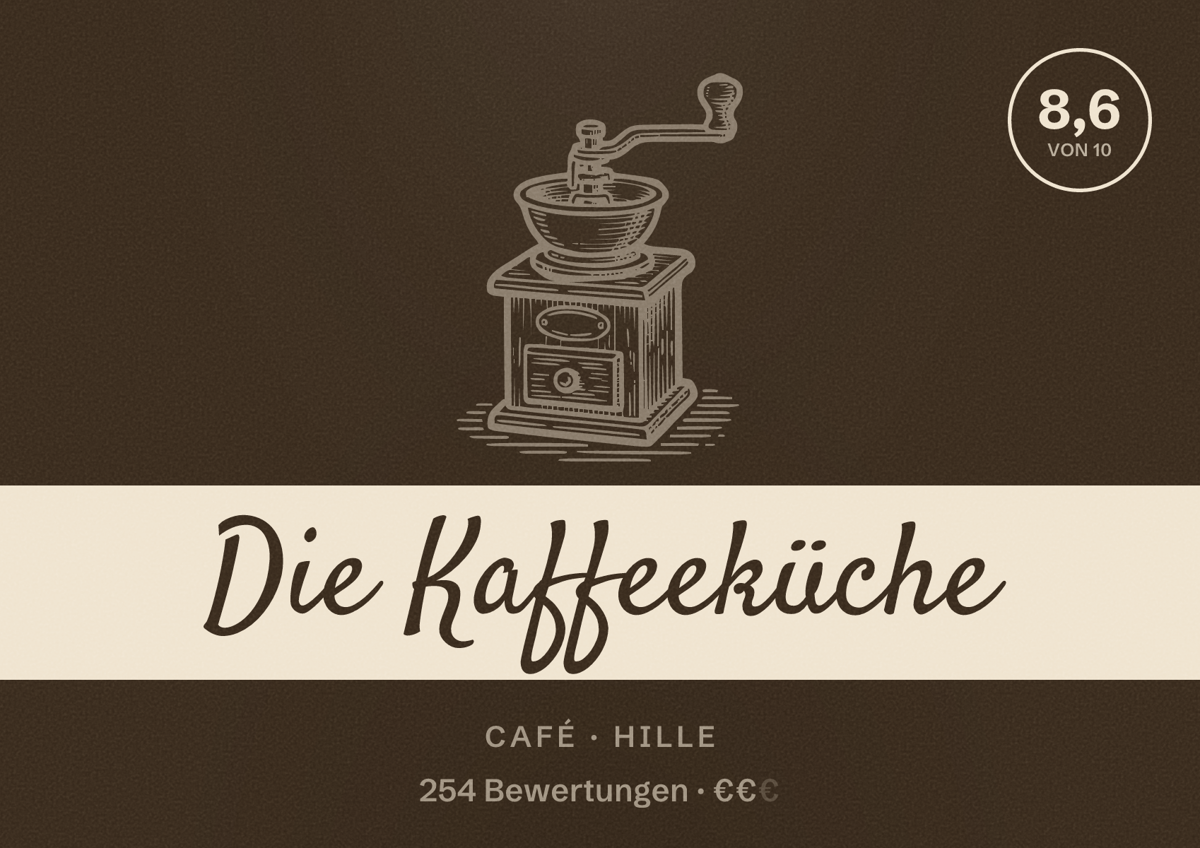 Illustriertes Poster von Die Kaffeeküche, Café in Hille: Bewertung 8,6 von 10 aus 254 Bewertungen, Preisniveau €€