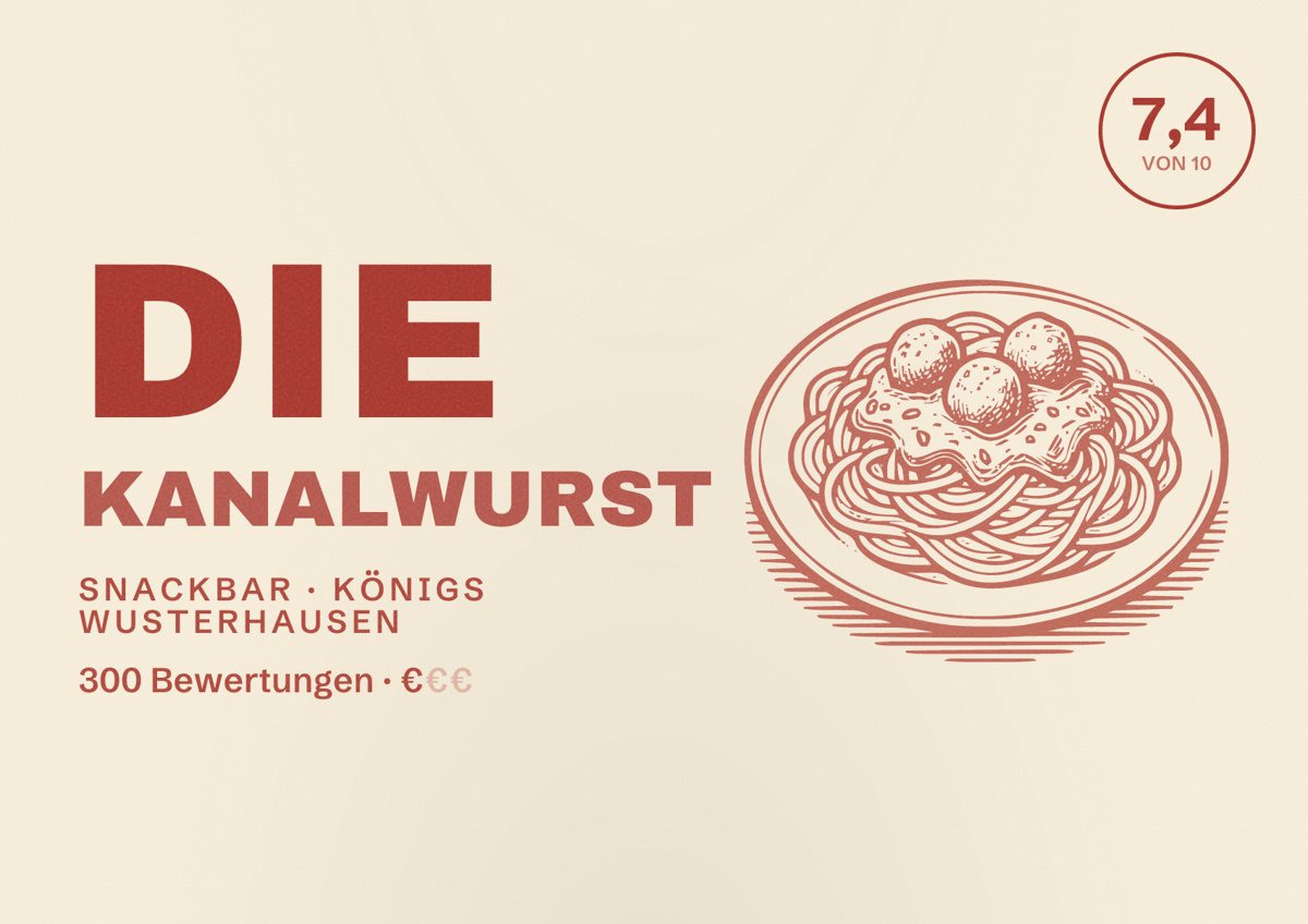 Illustriertes Poster von Die Kanalwurst, Snackbar in Königs Wusterhausen: Bewertung 7,4 von 10 aus 300 Bewertungen, Preisniveau €