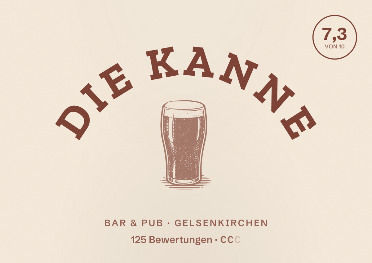 Illustriertes Poster von Die Kanne, Bar & Pub in Gelsenkirchen: Bewertung 7,3 von 10 aus 125 Bewertungen, Preisniveau €€