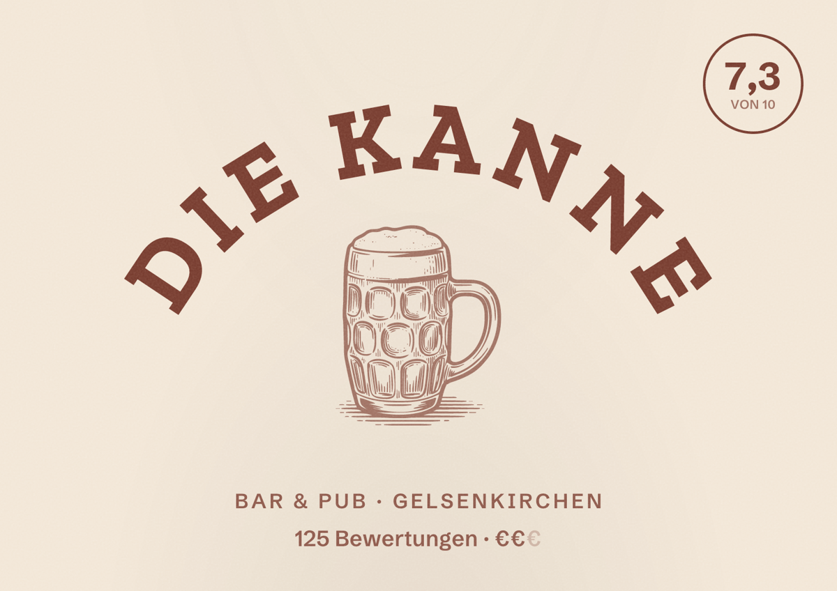 Illustriertes Poster von Die Kanne, Bar & Pub in Gelsenkirchen: Bewertung 7,3 von 10 aus 125 Bewertungen, Preisniveau €€