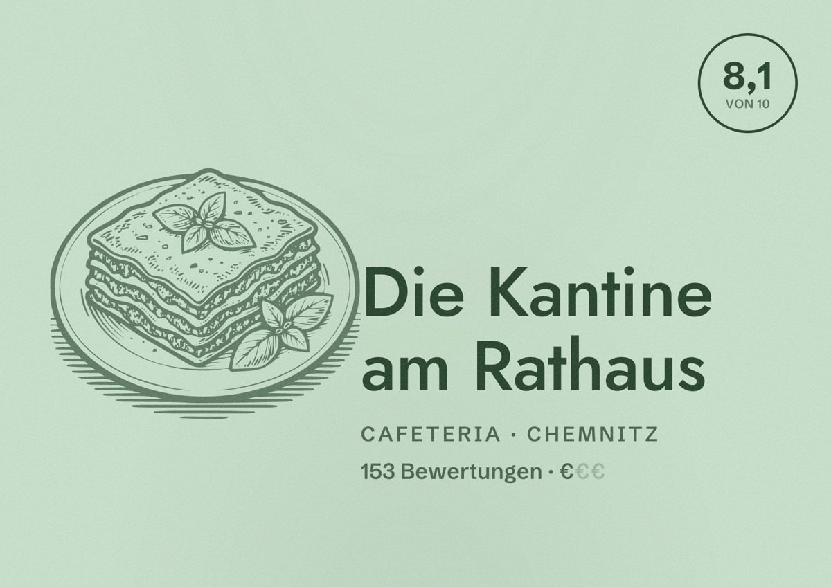 Illustriertes Poster von Die Kantine am Rathaus, Cafeteria in Chemnitz: Bewertung 8,1 von 10 aus 153 Bewertungen, Preisniveau €