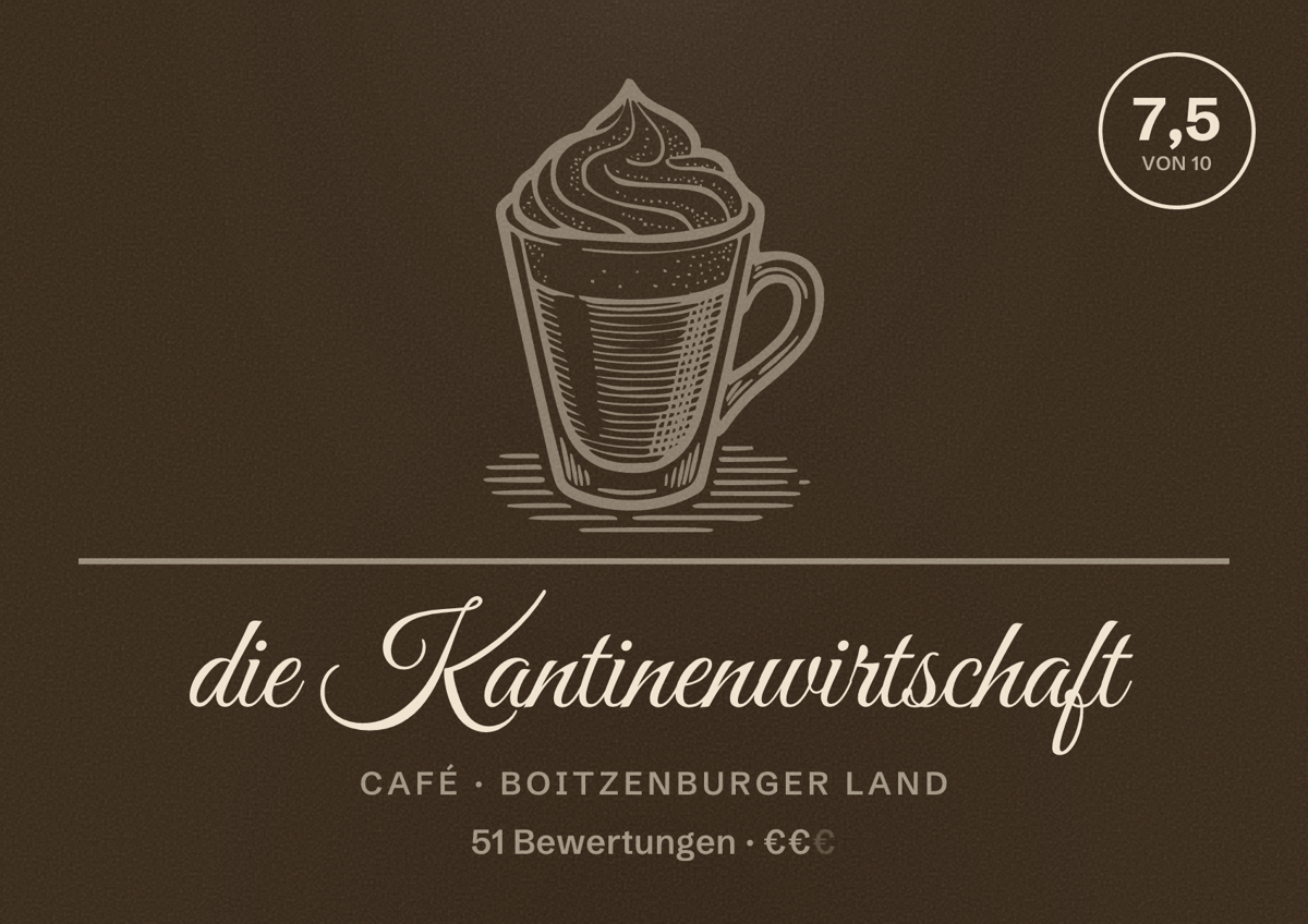 Illustriertes Poster von die Kantinenwirtschaft, Café in Boitzenburger Land: Bewertung 7,5 von 10 aus 51 Bewertungen, Preisniveau €€
