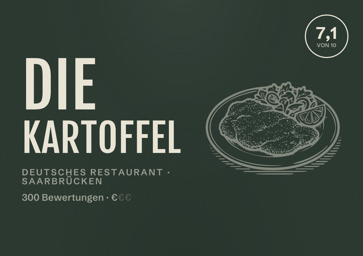 Illustriertes Poster von Die Kartoffel, Deutsches Restaurant in Saarbrücken: Bewertung 7,1 von 10 aus 300 Bewertungen, Preisniveau €
