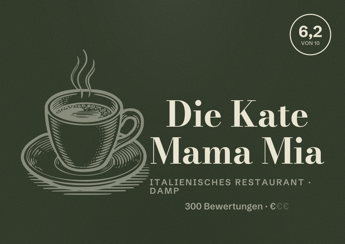 Illustriertes Poster von Die Kate Mama Mia, Italienisches Restaurant in Damp: Bewertung 6,2 von 10 aus 300 Bewertungen, Preisniveau €