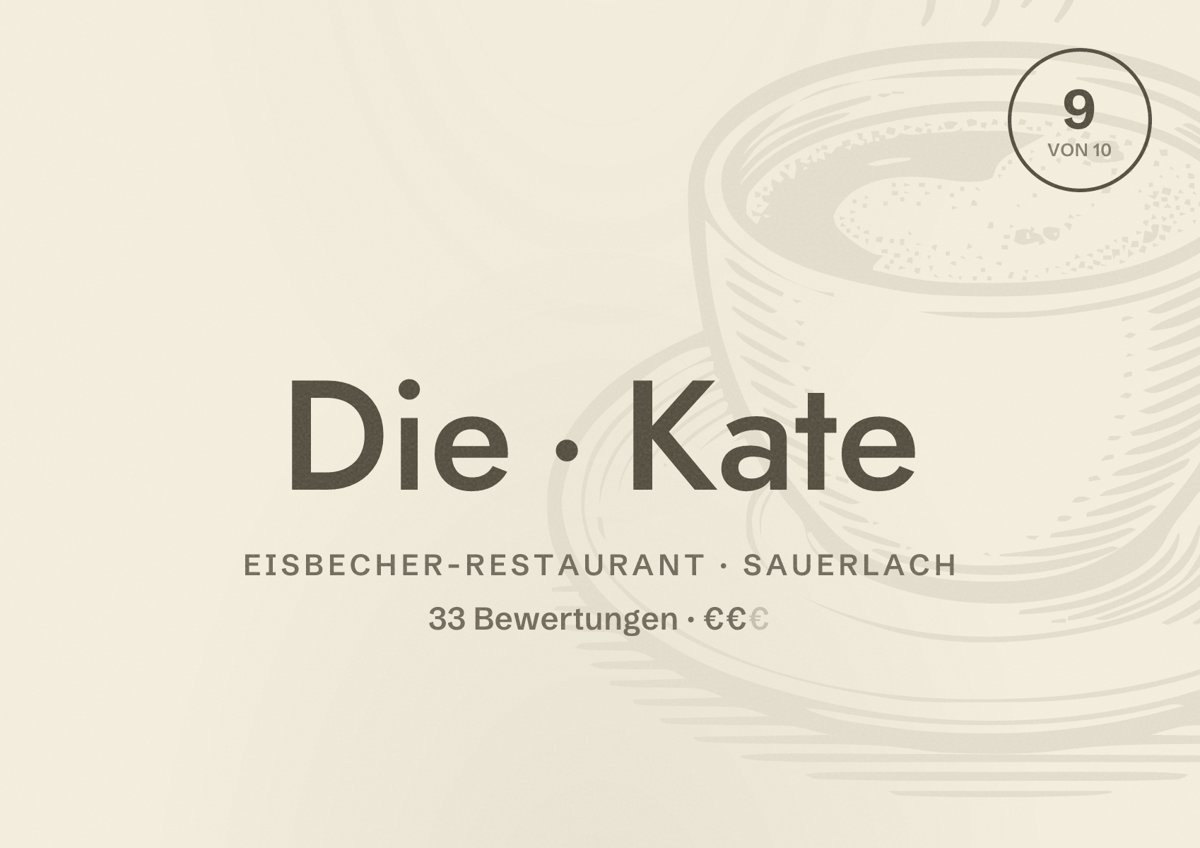 Illustriertes Poster von Die Kate, Eisbecher-Restaurant in Sauerlach: Bewertung 9 von 10 aus 33 Bewertungen, Preisniveau €€