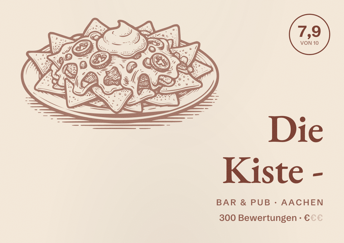 Illustriertes Poster von Die Kiste -, Bar & Pub in Aachen: Bewertung 7,9 von 10 aus 300 Bewertungen, Preisniveau €