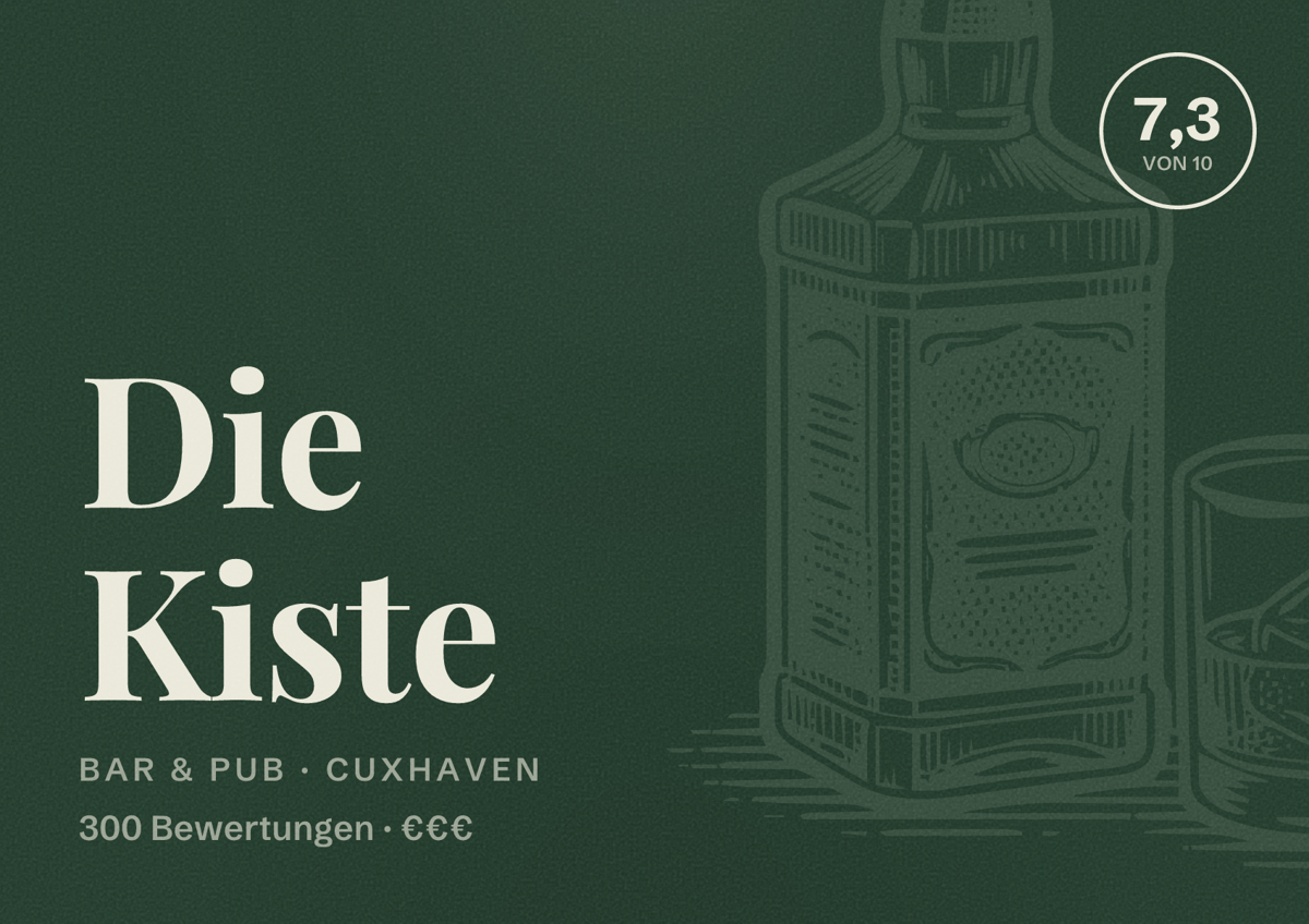 Illustriertes Poster von Die Kiste, Bar & Pub in Cuxhaven: Bewertung 7,3 von 10 aus 300 Bewertungen, Preisniveau €€€