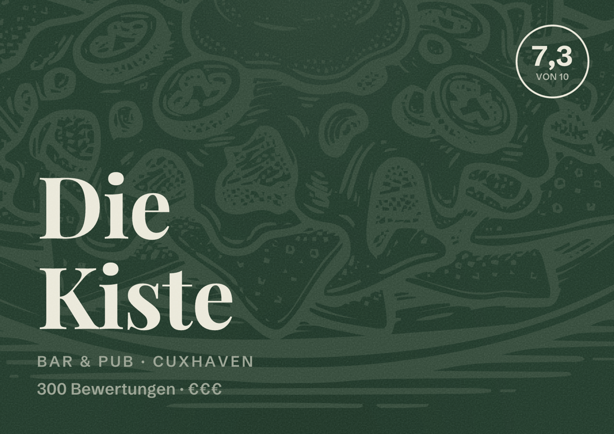 Illustriertes Poster von Die Kiste, Bar & Pub in Cuxhaven: Bewertung 7,3 von 10 aus 300 Bewertungen, Preisniveau €€€