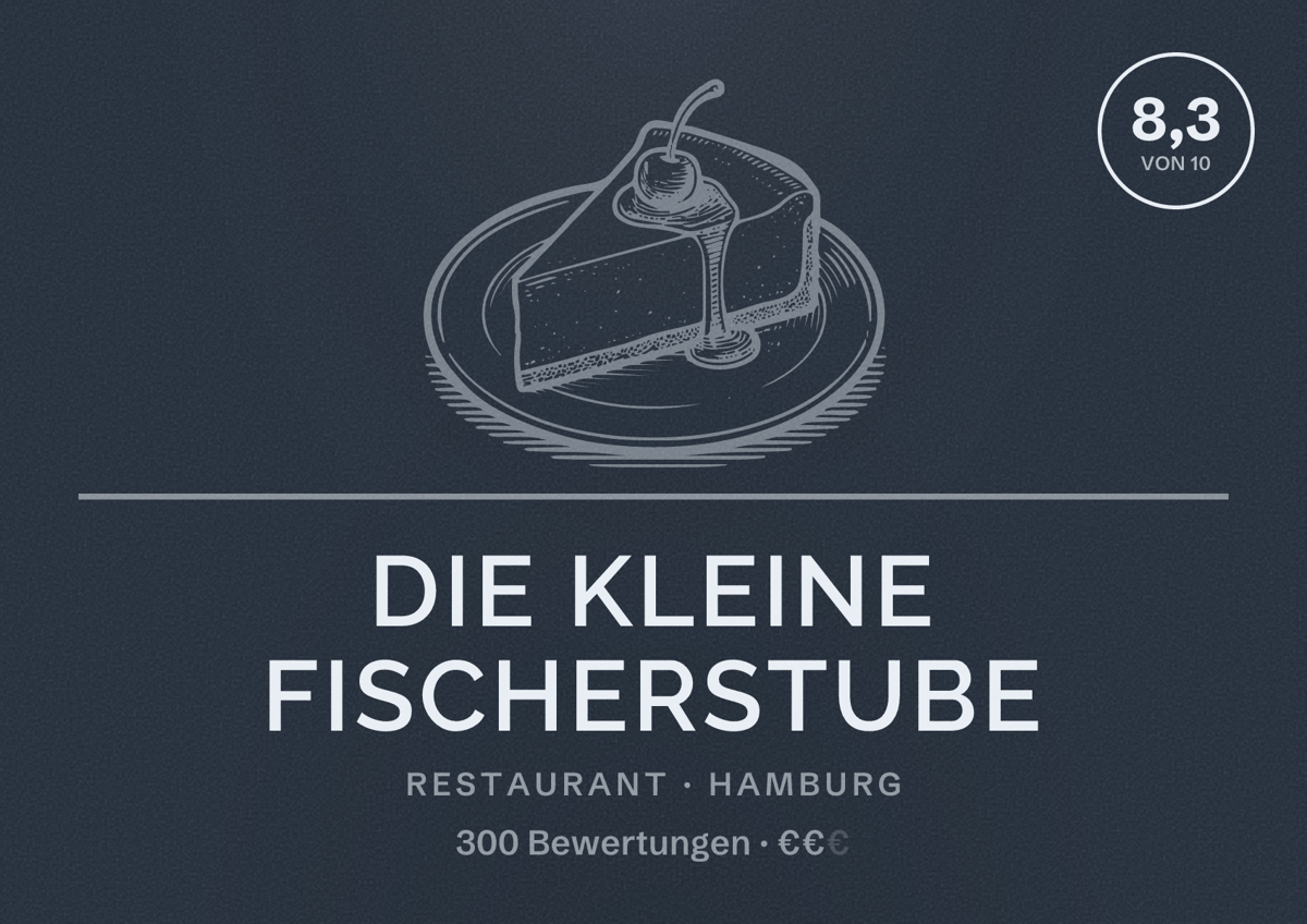 Illustriertes Poster von Die kleine Fischerstube, Restaurant in Hamburg: Bewertung 8,3 von 10 aus 300 Bewertungen, Preisniveau €€