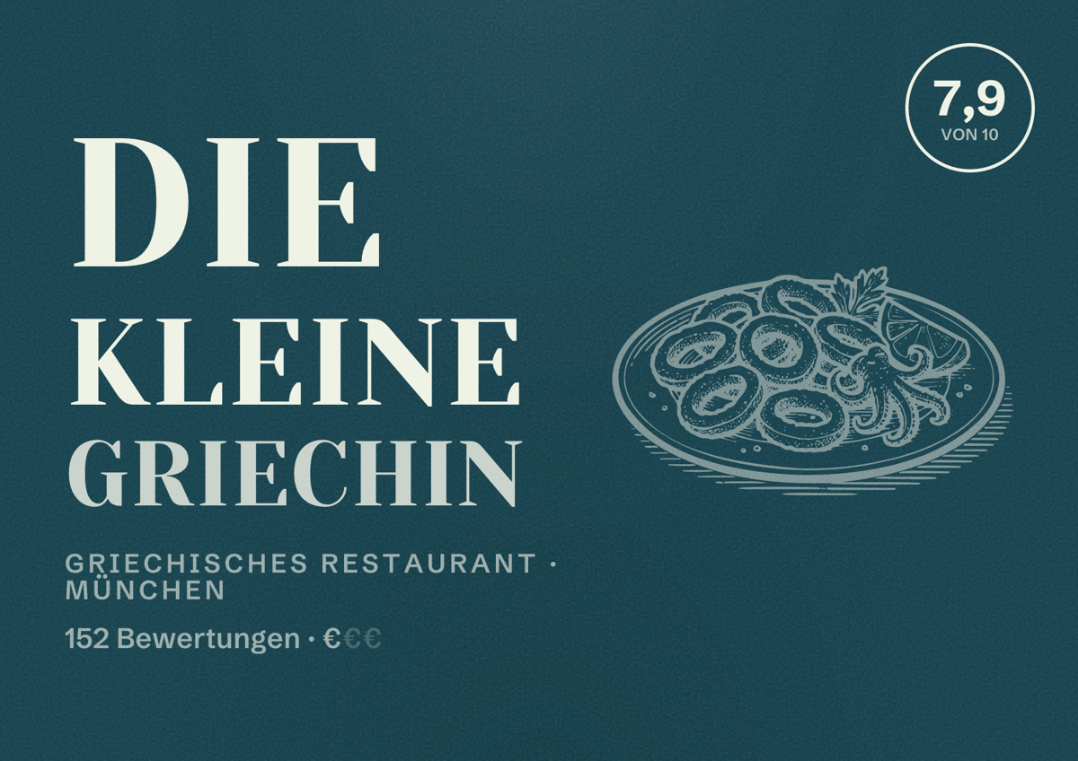 Illustriertes Poster von Die kleine Griechin, Griechisches Restaurant in München: Bewertung 7,9 von 10 aus 152 Bewertungen, Preisniveau €