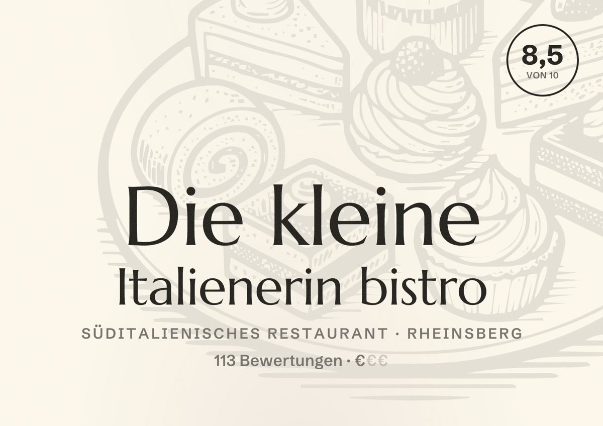Illustriertes Poster von Die kleine Italienerin bistro, Süditalienisches Restaurant in Rheinsberg: Bewertung 8,5 von 10 aus 113 Bewertungen, Preisniveau €