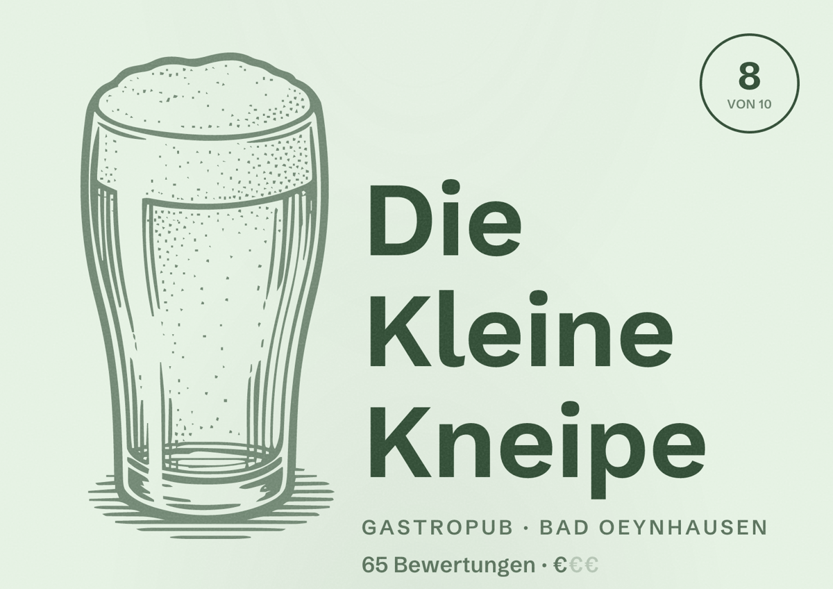 Illustriertes Poster von Die Kleine Kneipe, Gastropub in Bad Oeynhausen: Bewertung 8 von 10 aus 65 Bewertungen, Preisniveau €