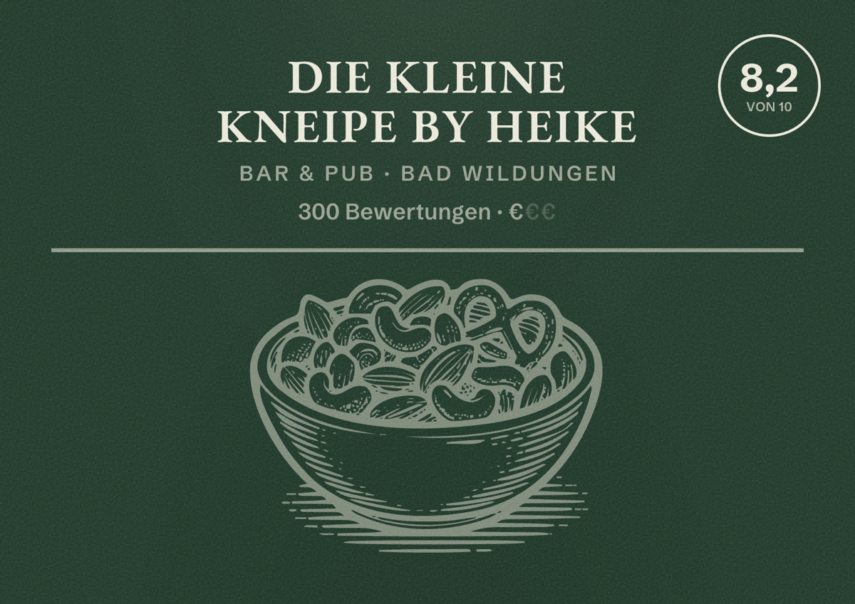 Illustriertes Poster von Die kleine Kneipe by Heike, Bar & Pub in Bad Wildungen: Bewertung 8,2 von 10 aus 300 Bewertungen, Preisniveau €