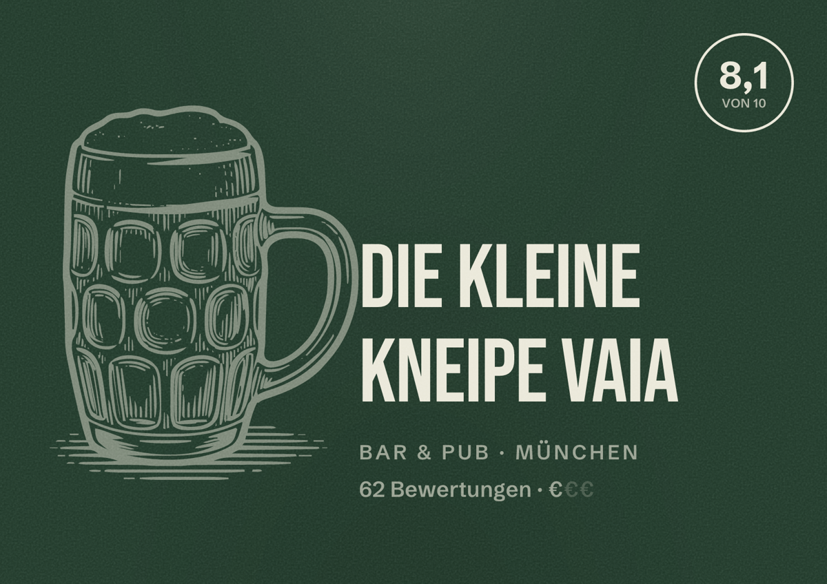 Illustriertes Poster von Die Kleine Kneipe Vaia, Bar & Pub in München: Bewertung 8,1 von 10 aus 62 Bewertungen, Preisniveau €
