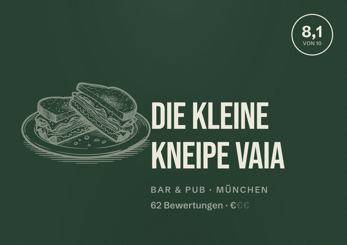 Illustriertes Poster von Die Kleine Kneipe Vaia, Bar & Pub in München: Bewertung 8,1 von 10 aus 62 Bewertungen, Preisniveau €
