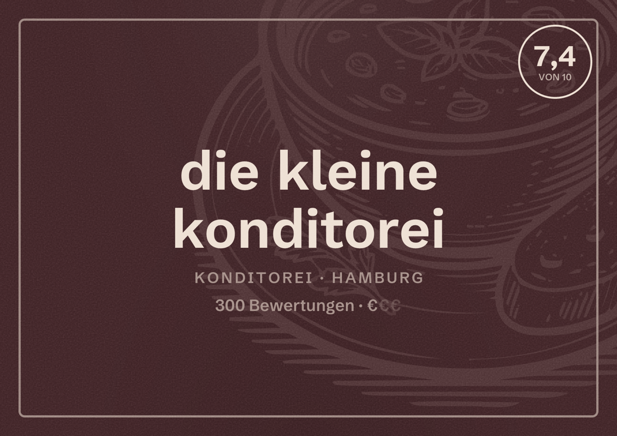 Illustriertes Poster von die kleine konditorei, Konditorei in Hamburg: Bewertung 7,4 von 10 aus 300 Bewertungen, Preisniveau €