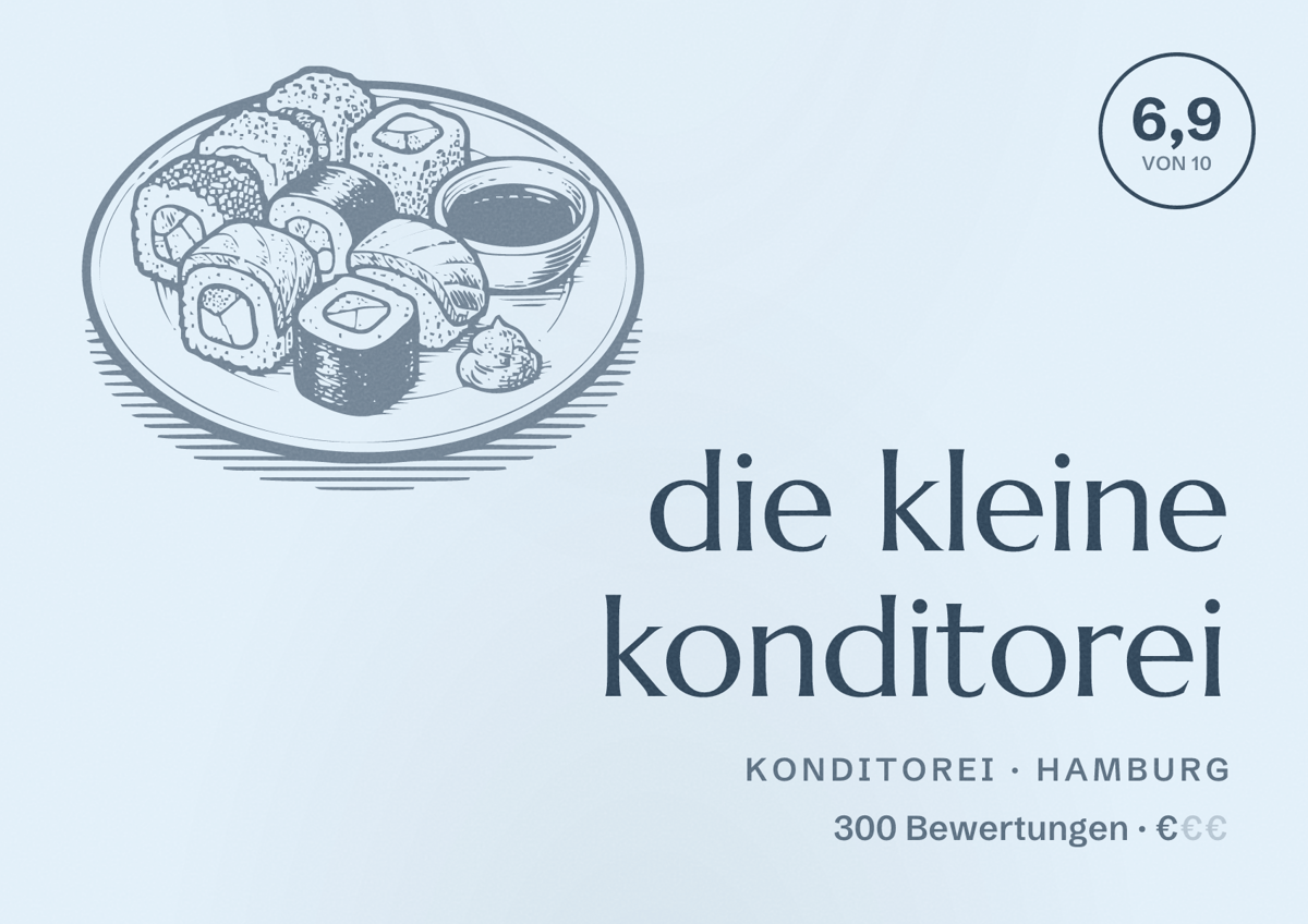 Illustriertes Poster von die kleine konditorei, Konditorei in Hamburg: Bewertung 6,9 von 10 aus 300 Bewertungen, Preisniveau €