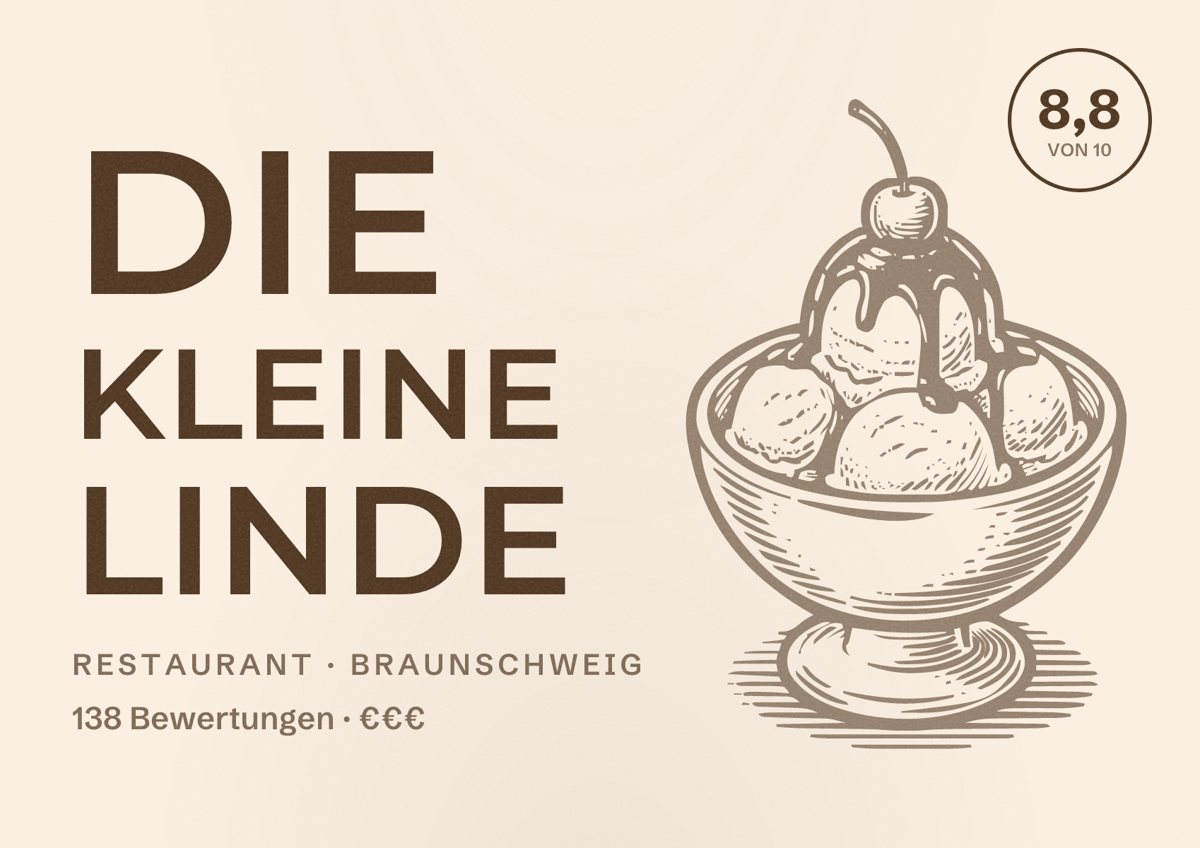Illustriertes Poster von die kleine Linde, Restaurant in Braunschweig: Bewertung 8,8 von 10 aus 138 Bewertungen, Preisniveau €€€
