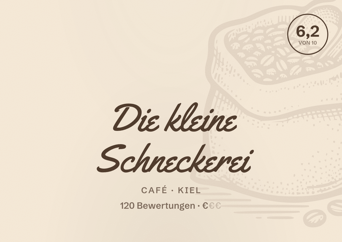 Illustriertes Poster von Die kleine Schneckerei, Café in Kiel: Bewertung 6,2 von 10 aus 120 Bewertungen, Preisniveau €