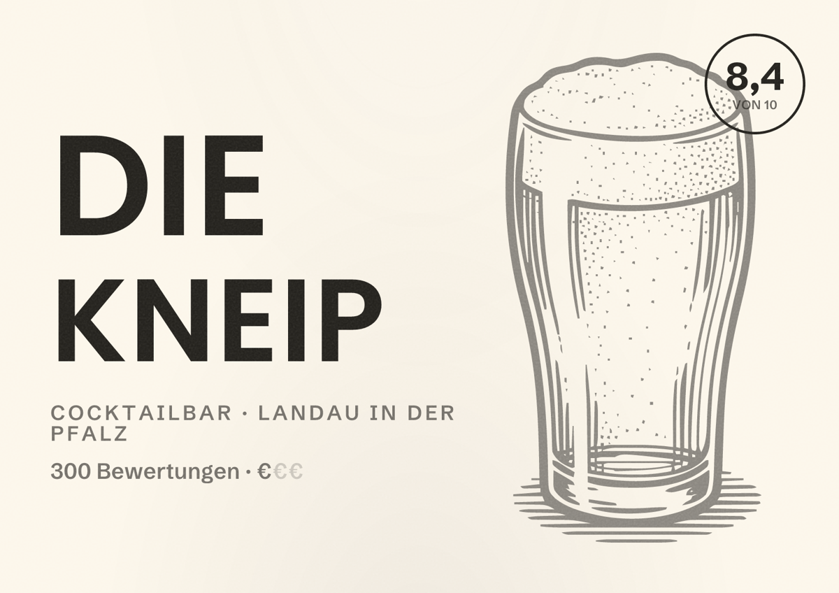 Illustriertes Poster von Die Kneip, Cocktailbar in Landau in der Pfalz: Bewertung 8,4 von 10 aus 300 Bewertungen, Preisniveau €
