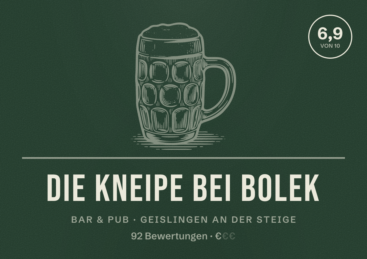 Illustriertes Poster von Die Kneipe Bei Bolek, Bar & Pub in Geislingen an der Steige: Bewertung 6,9 von 10 aus 92 Bewertungen, Preisniveau €