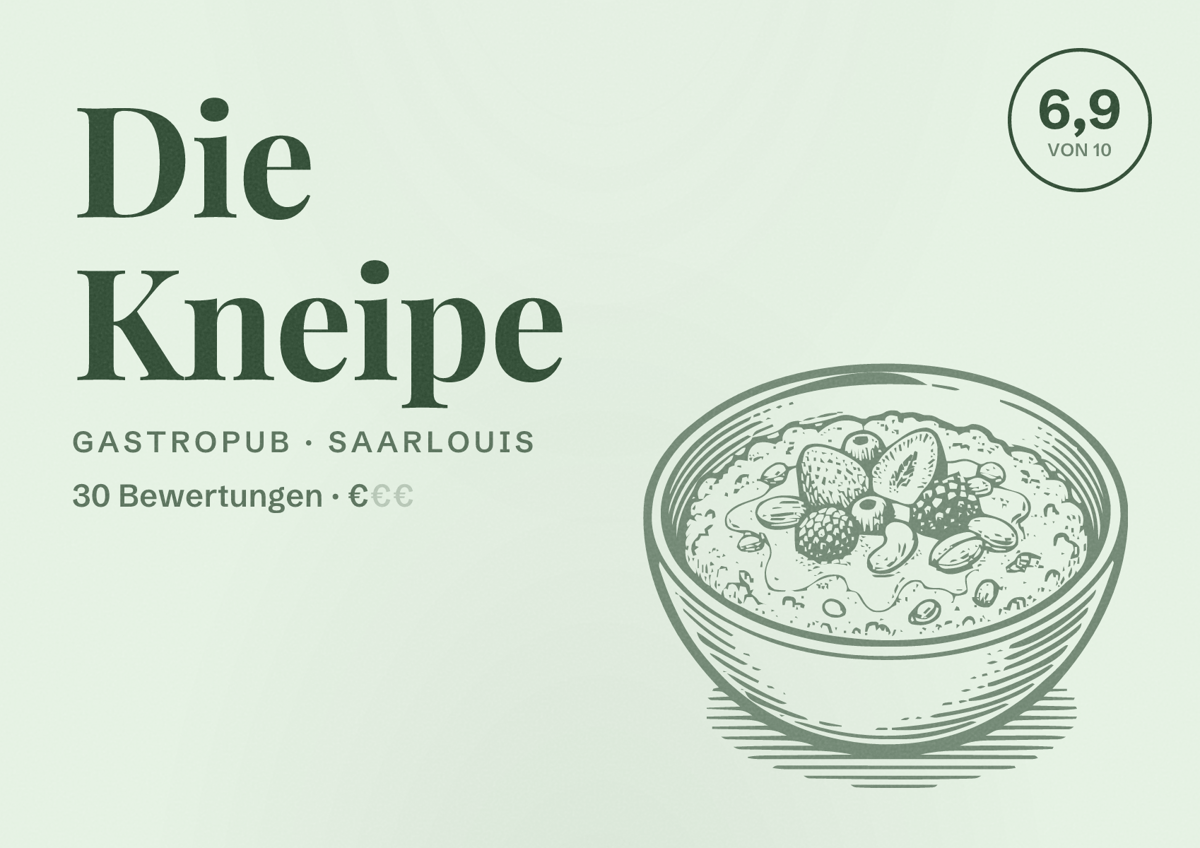 Illustriertes Poster von Die Kneipe, Gastropub in Saarlouis: Bewertung 6,9 von 10 aus 30 Bewertungen, Preisniveau €