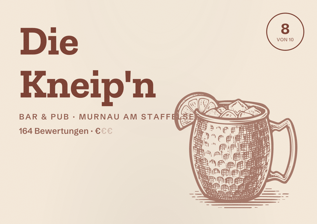 Illustriertes Poster von Die Kneip'n, Bar & Pub in Murnau am Staffelsee: Bewertung 8 von 10 aus 164 Bewertungen, Preisniveau €
