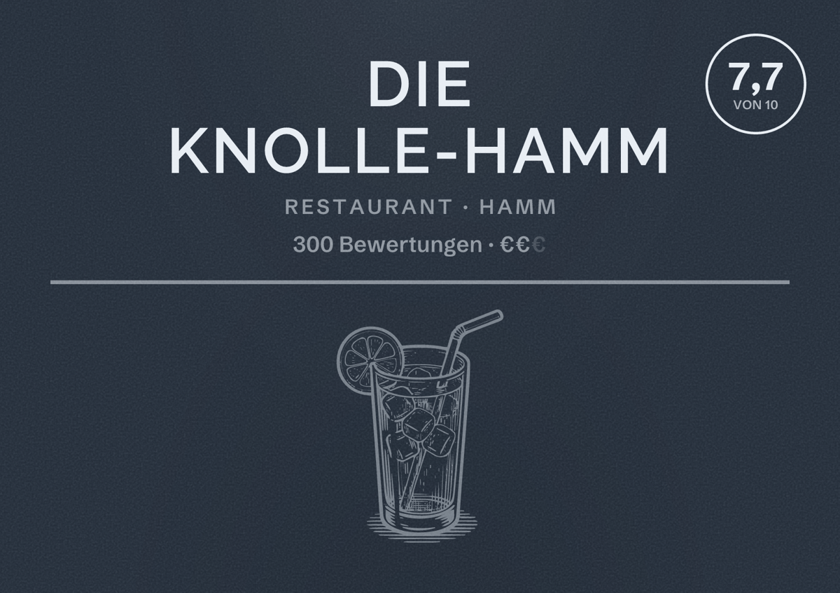 Illustriertes Poster von Die Knolle-Hamm, Restaurant in Hamm: Bewertung 7,7 von 10 aus 300 Bewertungen, Preisniveau €€