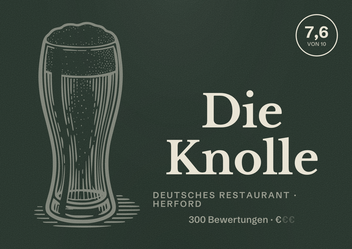 Illustriertes Poster von Die Knolle, Deutsches Restaurant in Herford: Bewertung 7,6 von 10 aus 300 Bewertungen, Preisniveau €