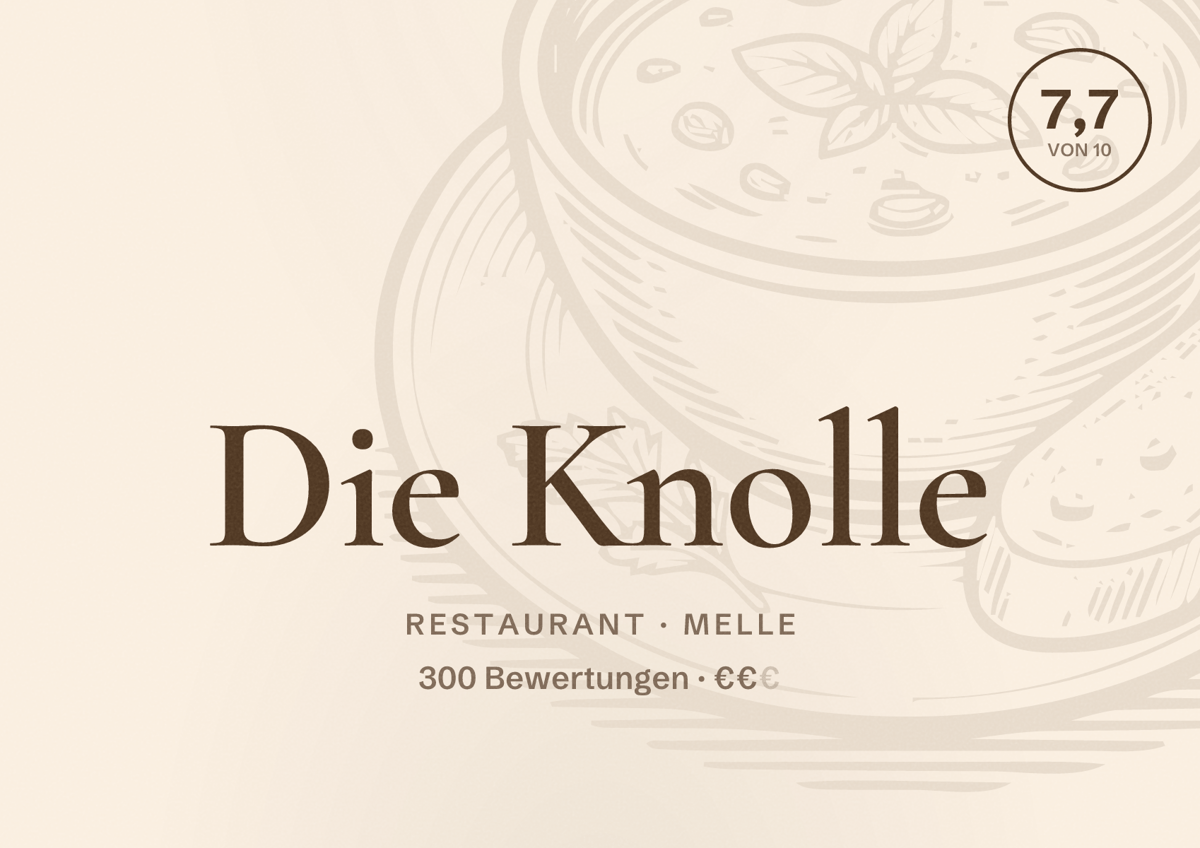 Illustriertes Poster von Die Knolle, Restaurant in Melle: Bewertung 7,7 von 10 aus 300 Bewertungen, Preisniveau €€