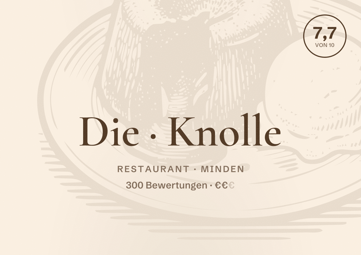 Illustriertes Poster von Die Knolle, Restaurant in Minden: Bewertung 7,7 von 10 aus 300 Bewertungen, Preisniveau €€