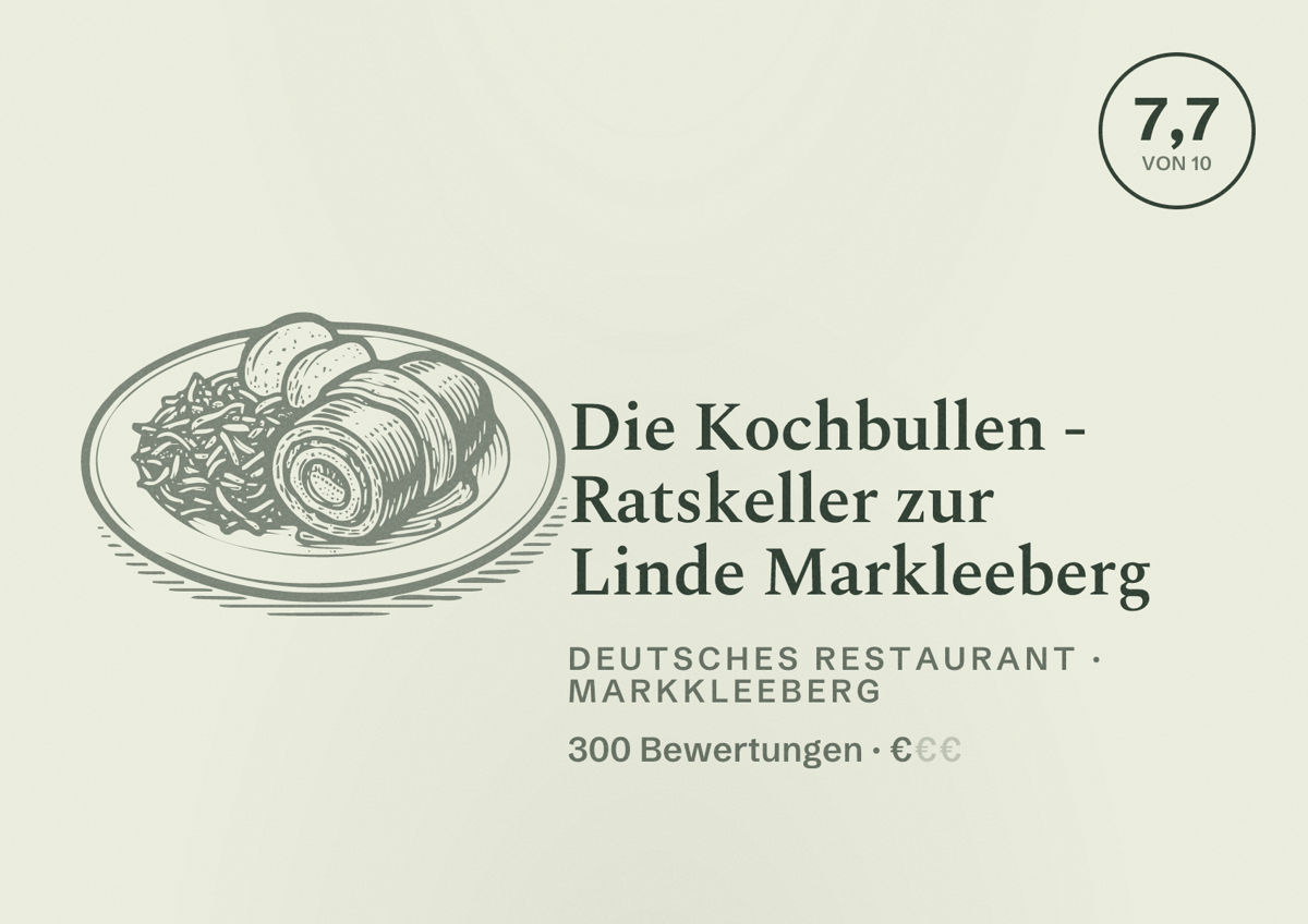 Illustriertes Poster von Die Kochbullen - Ratskeller zur Linde Markleeberg, Deutsches Restaurant in Markkleeberg: Bewertung 7,7 von 10 aus 300 Bewertungen, Preisniveau €