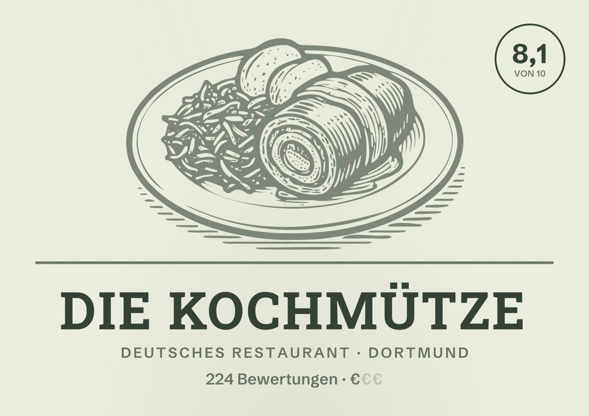 Illustriertes Poster von Die Kochmütze, Deutsches Restaurant in Dortmund: Bewertung 8,1 von 10 aus 224 Bewertungen, Preisniveau €