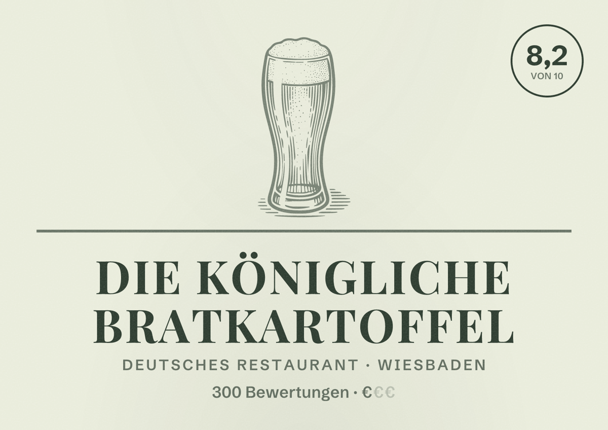 Illustriertes Poster von Die königliche Bratkartoffel, Deutsches Restaurant in Wiesbaden: Bewertung 8,2 von 10 aus 300 Bewertungen, Preisniveau €