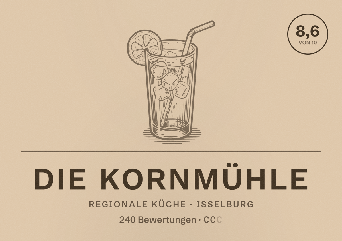Illustriertes Poster von Die Kornmühle, Regionale Küche in Isselburg: Bewertung 8,6 von 10 aus 240 Bewertungen, Preisniveau €€