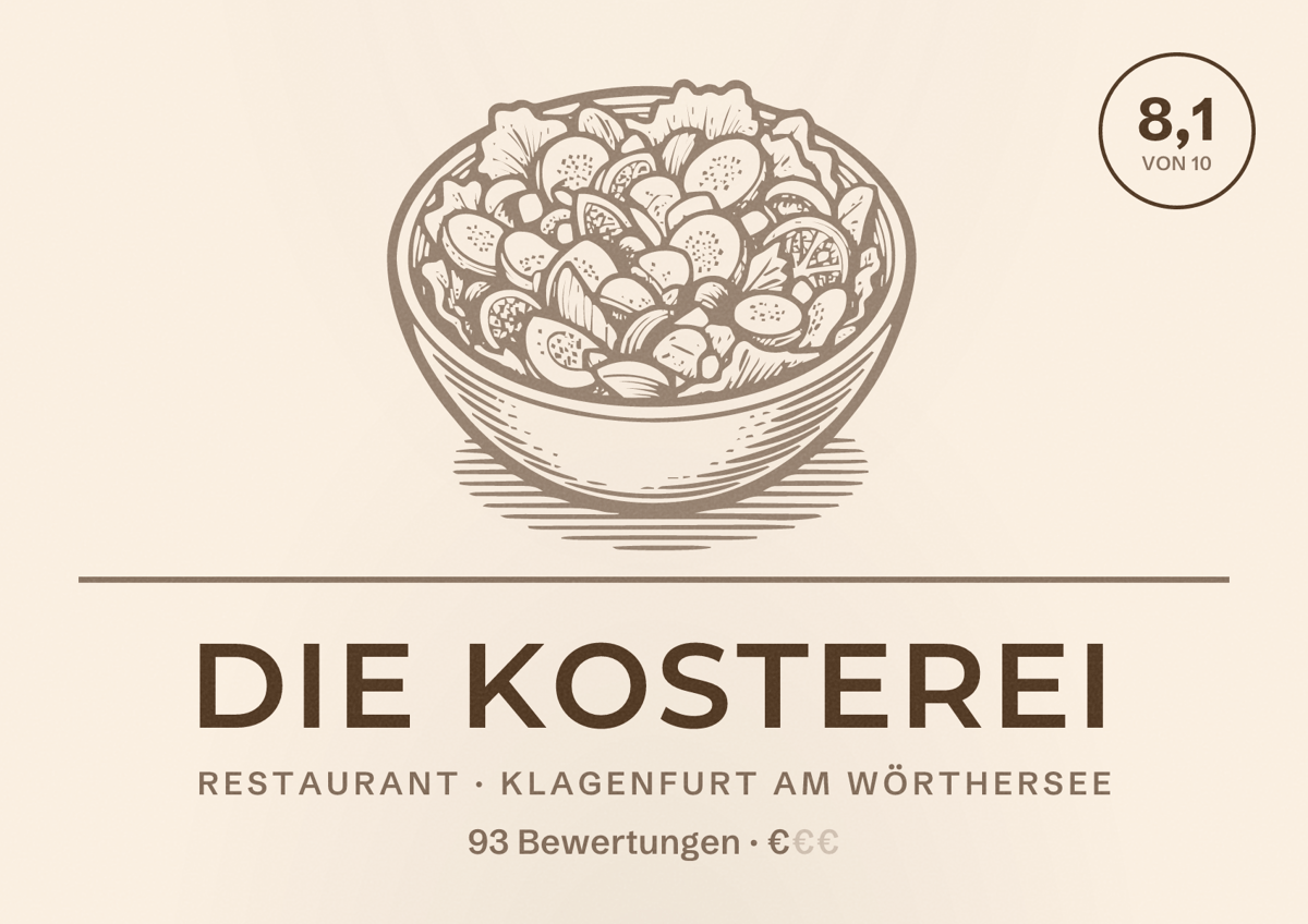 Illustriertes Poster von Die Kosterei, Restaurant in Klagenfurt am Wörthersee: Bewertung 8,1 von 10 aus 93 Bewertungen, Preisniveau €