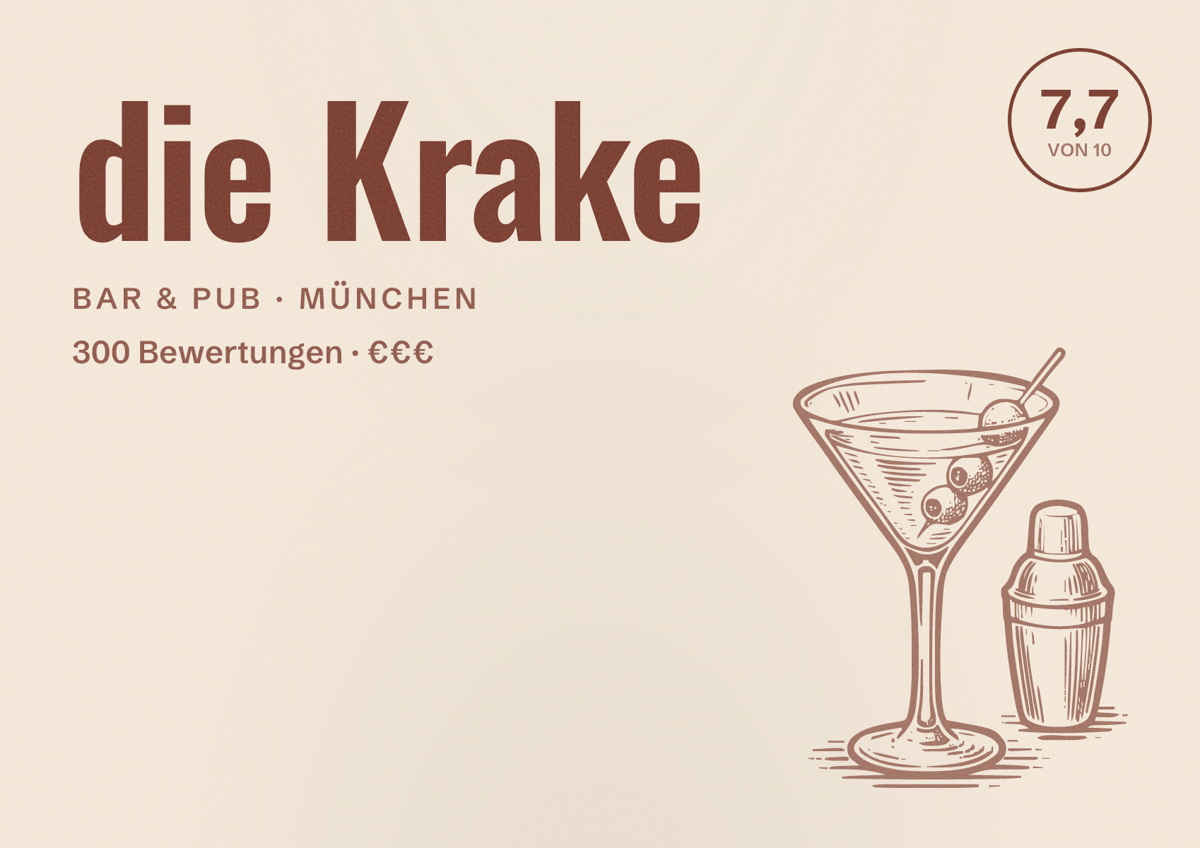 Illustriertes Poster von die Krake, Bar & Pub in München: Bewertung 7,7 von 10 aus 300 Bewertungen, Preisniveau €€€
