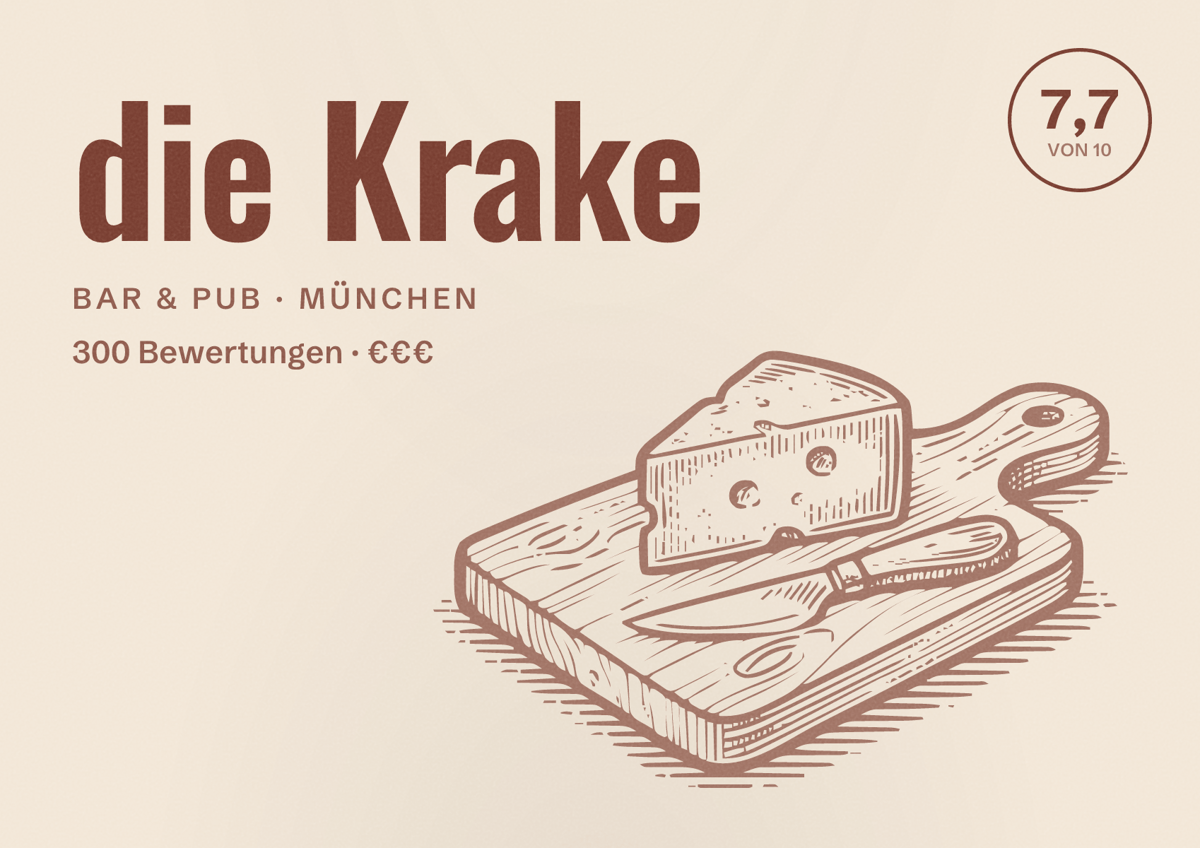 Illustriertes Poster von die Krake, Bar & Pub in München: Bewertung 7,7 von 10 aus 300 Bewertungen, Preisniveau €€€