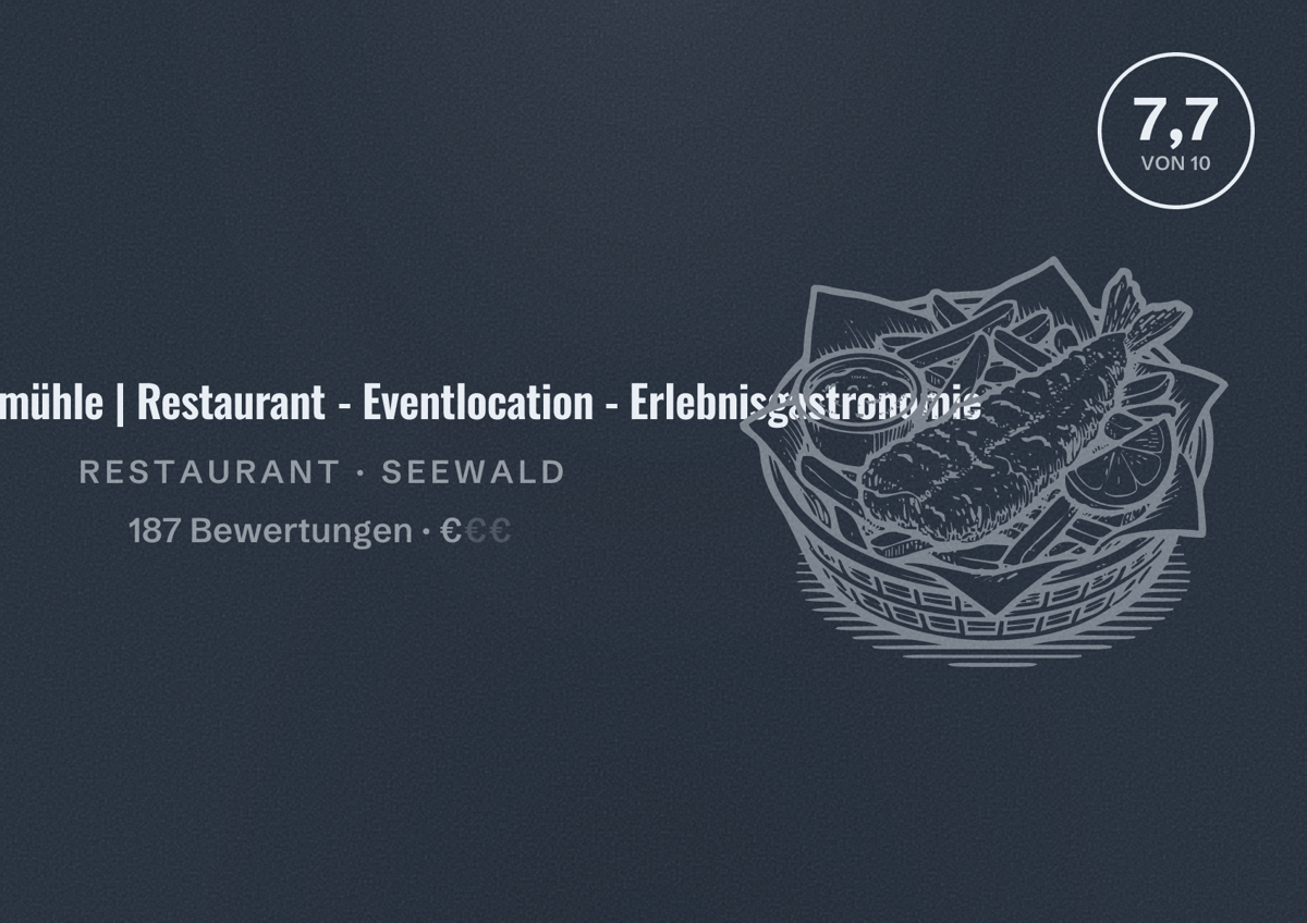Illustriertes Poster von Die Kropfmühle | Restaurant - Eventlocation - Erlebnisgastronomie, Restaurant in Seewald: Bewertung 7,7 von 10 aus 187 Bewertungen, Preisniveau €