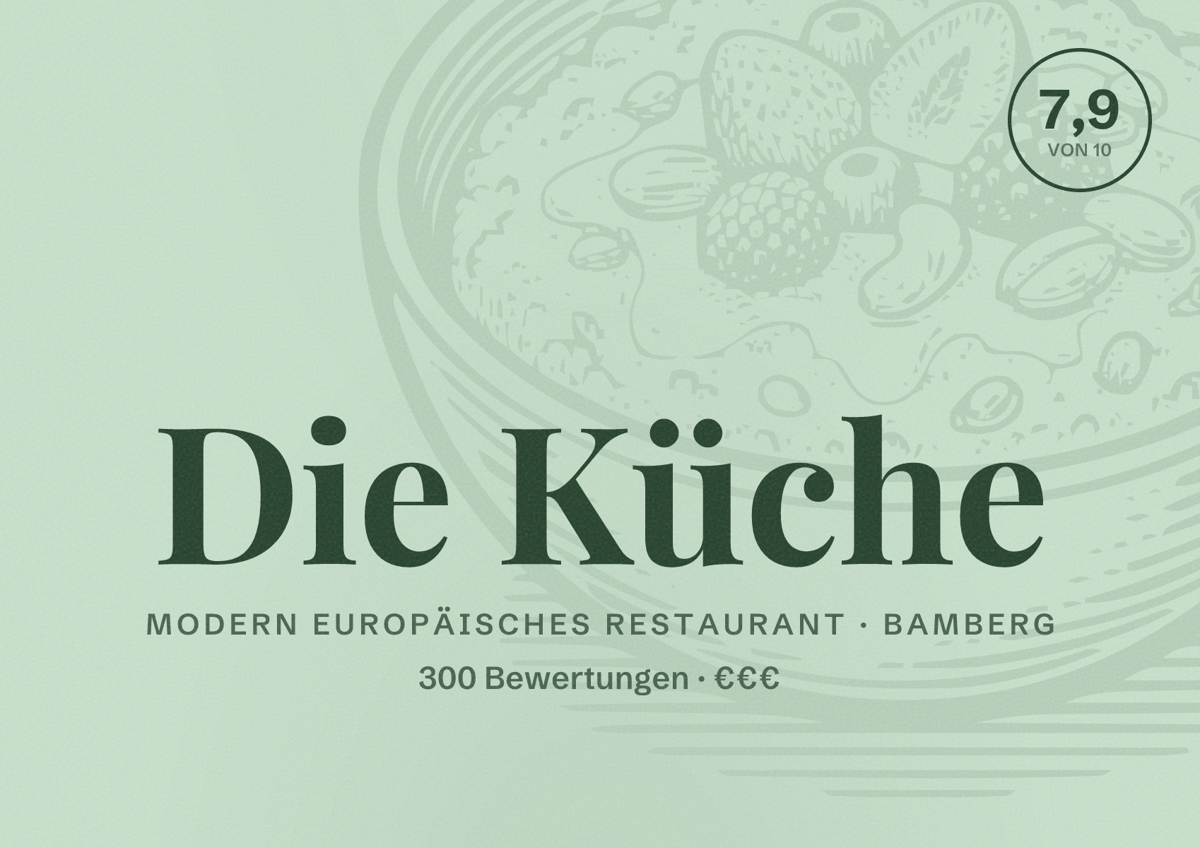 Illustriertes Poster von Die Küche, Modern europäisches Restaurant in Bamberg: Bewertung 7,9 von 10 aus 300 Bewertungen, Preisniveau €€€