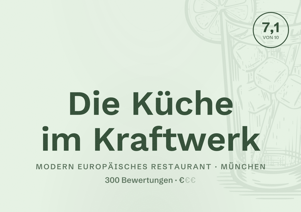 Illustriertes Poster von Die Küche im Kraftwerk, Modern europäisches Restaurant in München: Bewertung 7,1 von 10 aus 300 Bewertungen, Preisniveau €