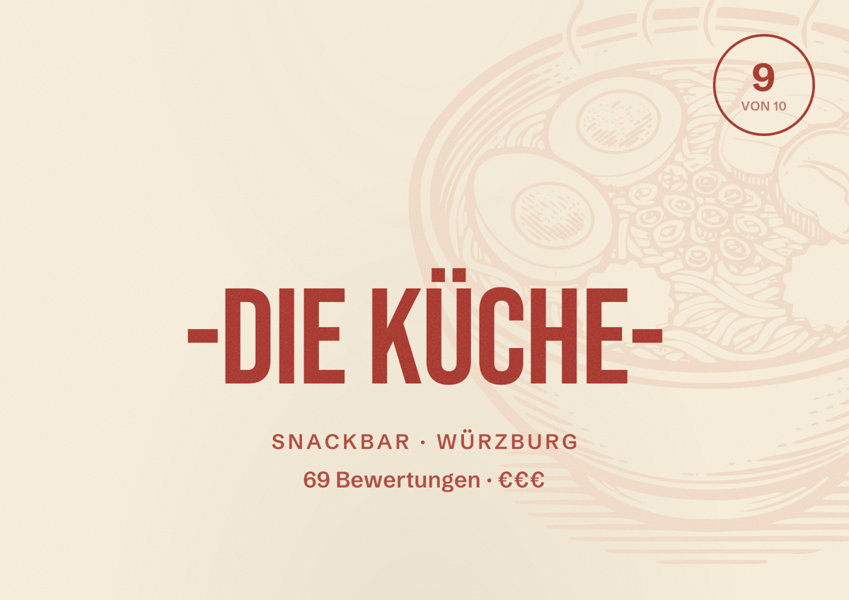Illustriertes Poster von -Die Küche-, Snackbar in Würzburg: Bewertung 9 von 10 aus 69 Bewertungen, Preisniveau €€€