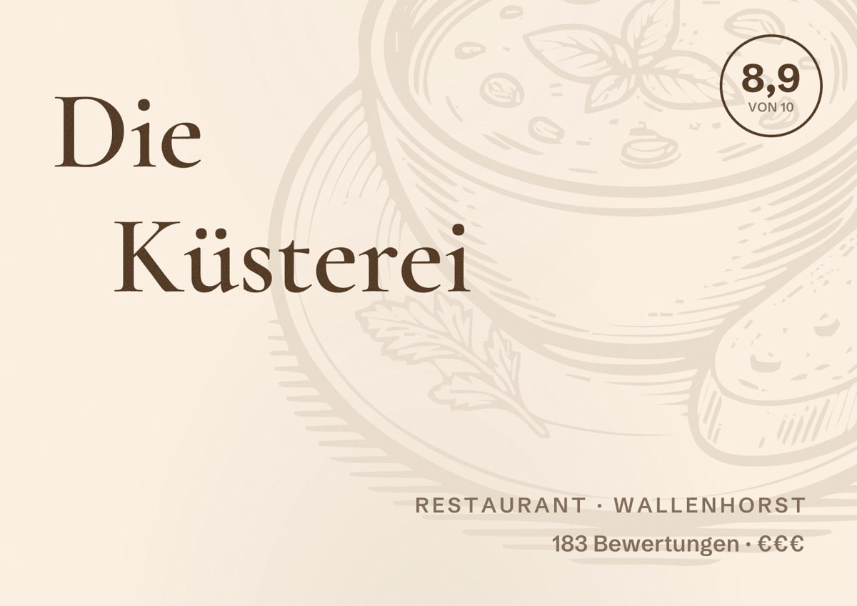 Illustriertes Poster von Die Küsterei, Restaurant in Wallenhorst: Bewertung 8,9 von 10 aus 183 Bewertungen, Preisniveau €€€