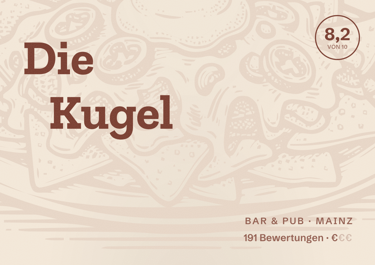 Illustriertes Poster von Die Kugel, Bar & Pub in Mainz: Bewertung 8,2 von 10 aus 191 Bewertungen, Preisniveau €