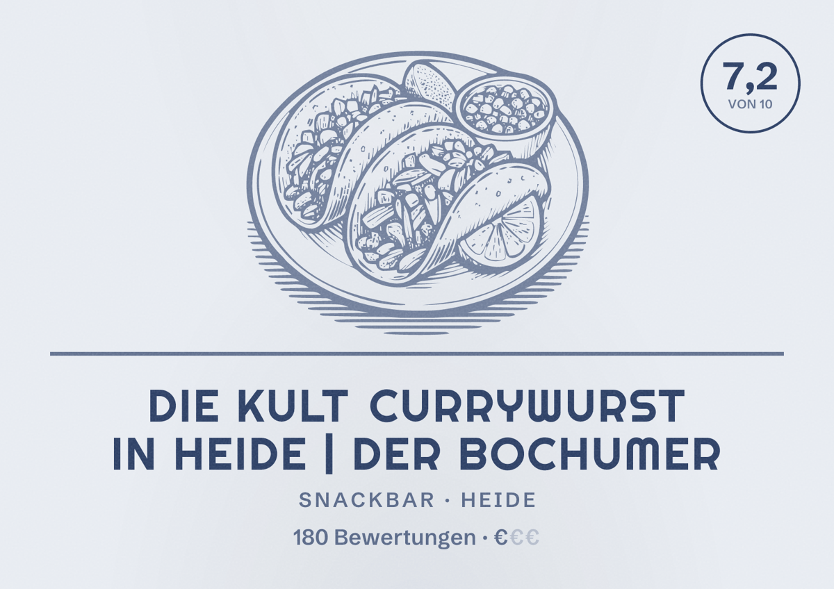 Illustriertes Poster von Die Kult Currywurst in Heide | Der Bochumer, Snackbar in Heide: Bewertung 7,2 von 10 aus 180 Bewertungen, Preisniveau €