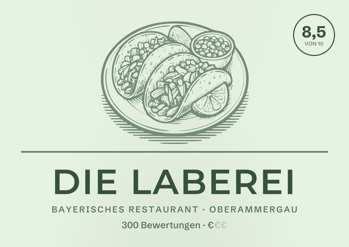 Illustriertes Poster von Die Laberei, Bayerisches Restaurant in Oberammergau: Bewertung 8,5 von 10 aus 300 Bewertungen, Preisniveau €